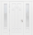 Металлическая уличная термодверь с боковыми остекленными вставками и панелями МДФ белого цвета с багетом