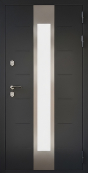 Стальная черная дверь с терморазрывом, длинным стеклом и выдавленным рисунком Стальная черная дверь с терморазрывом, длинным стеклом и выдавленным рисунком